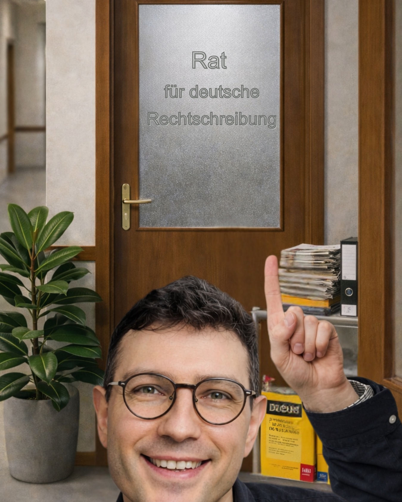 Der Lektorenausbilder Evgenij Unker in einem Antiquitätenladen. Er präsentiert sprachliche Raritäten und Kuriositäten. KI-generiert.